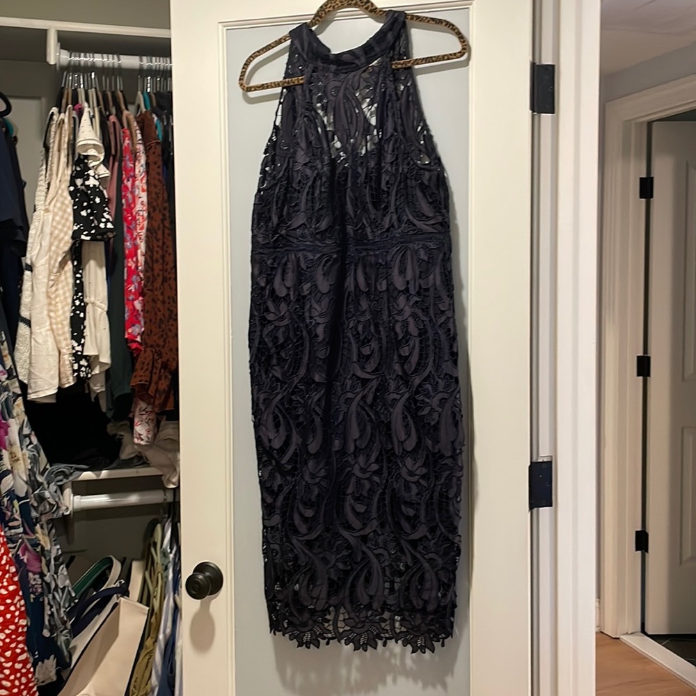Navy blue lace Bardot dress